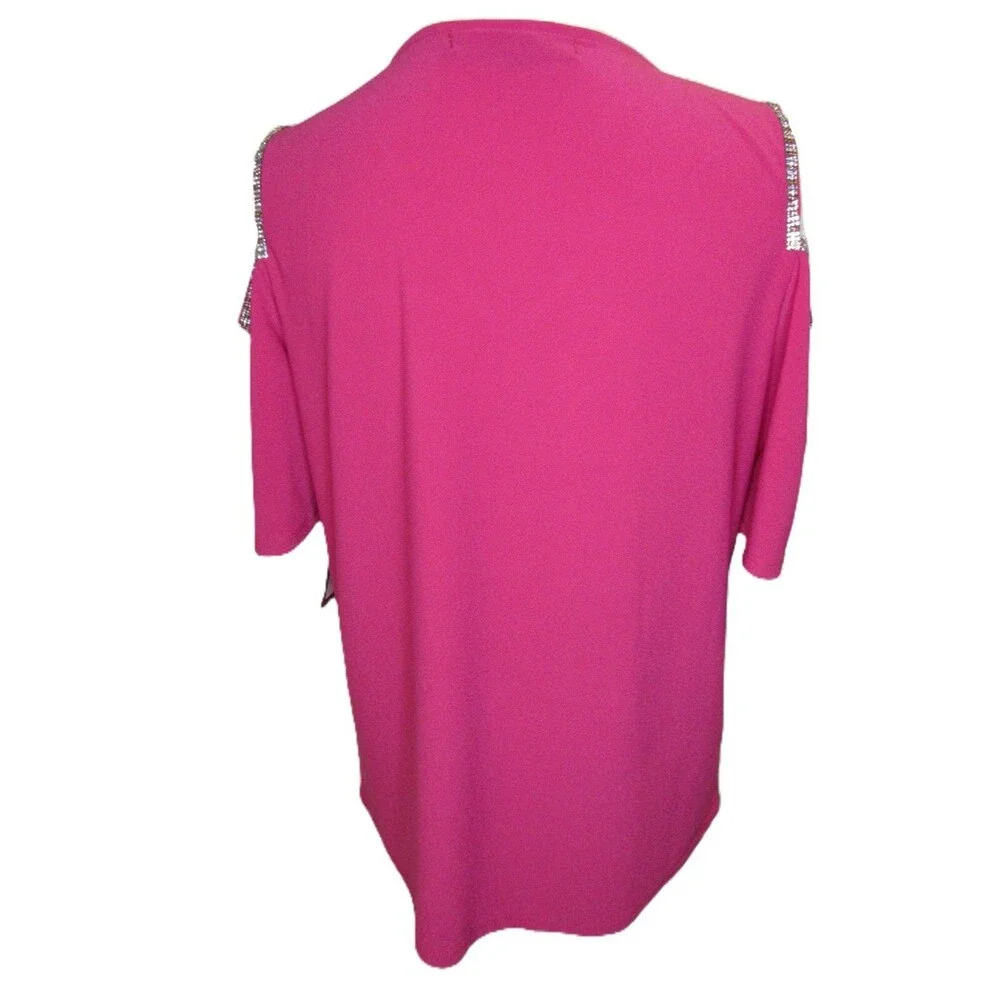 Cold Shoulder Top Glam Blouse Womens M Hot Magenta Pink Stretch Rhinestones NWT